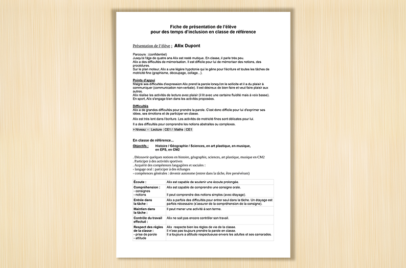 Fiche présentation de l'élève